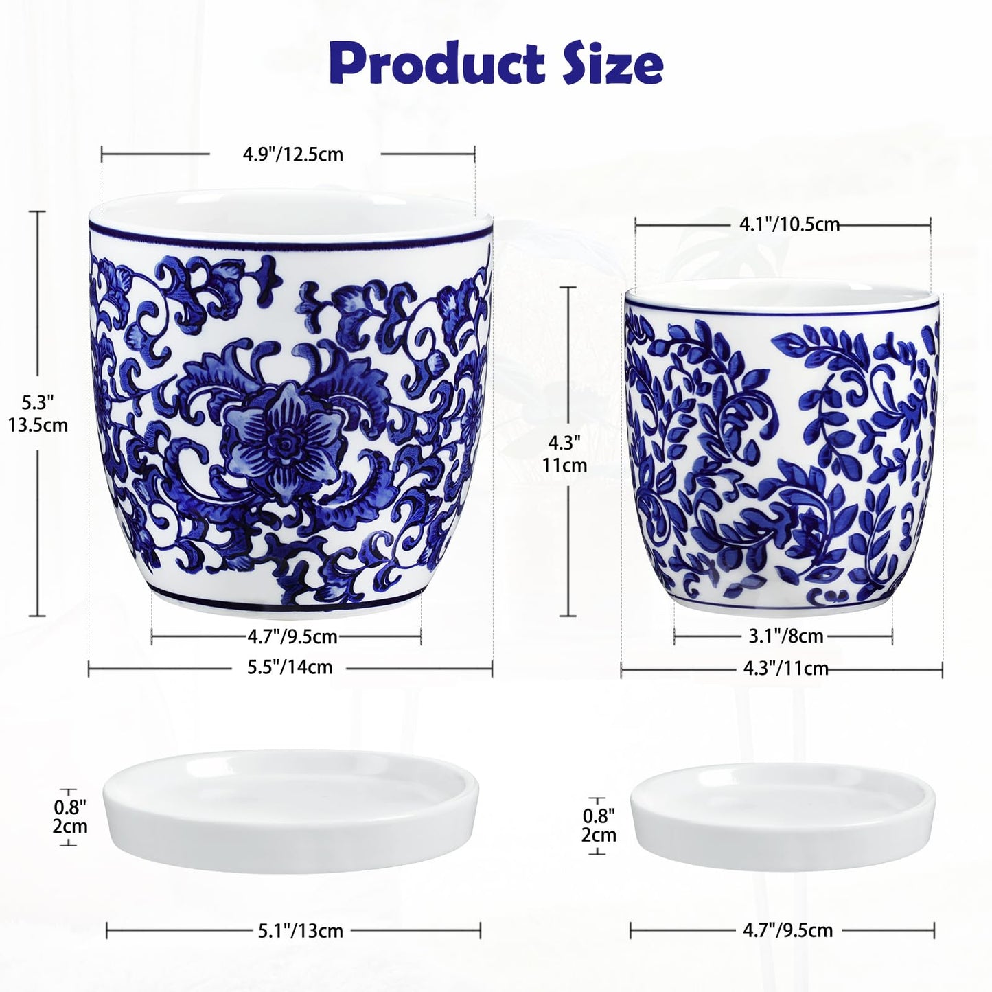 Set of 2 Ceramic Blue and White Plant Pots with Drainage Hole and Saucers, 4.3/5.5 Inches Ceramic Planters Round Flower Pots for Indoor Plants Succulent Cactus Orchid Flower, Indoor Outdoor Decor