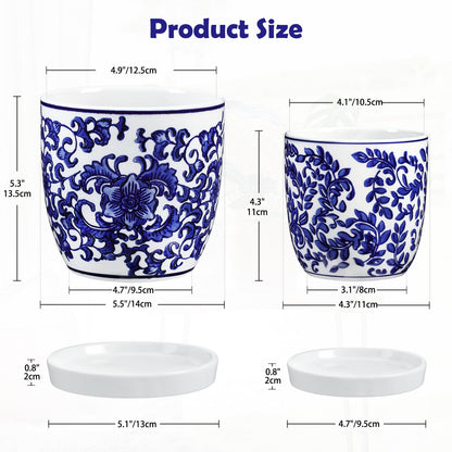 Set of 2 Ceramic Blue and White Plant Pots with Drainage Hole and Saucers, 4.3/5.5 Inches Ceramic Planters Round Flower Pots for Indoor Plants Succulent Cactus Orchid Flower, Indoor Outdoor Decor