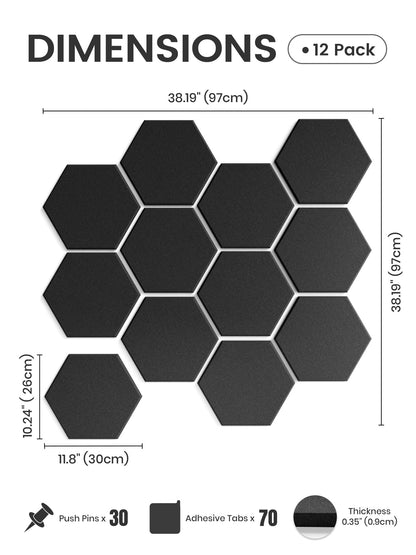Fluxynara Hexagon Cork Board Alternative for Walls Decor-12-Pack Felt Bulletin Board Tiles,with 30 Pushpins,70 Adhesive Tabs for Office,Classrooms & Home Pin Board Felt Board-Black