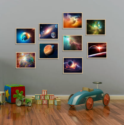Outer Space Posters Solar System Planet Painting Galaxy Pictures Nebula Wall Art Kids Bedroom Outer Space Room Decor Interstellar Posters Living Room Home Decoration Set of 9( 8x10 inches) Unframed