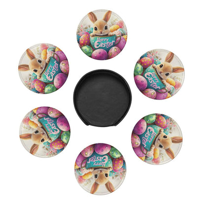 6 Pcs Easter Bunny Coasters for Drinks with Holder Round Leather Coasters Easter Coaster Sets Personalized Drink Coasters Coffee Table Cup Coaster Beer Coasters