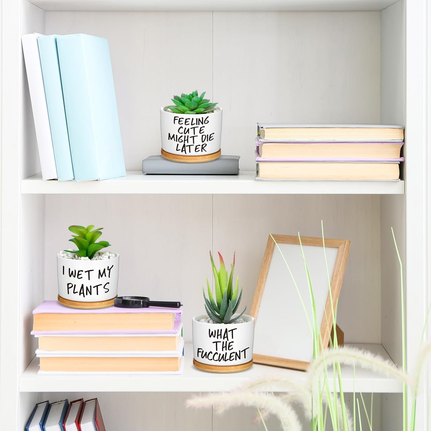 Domensi 9 Pcs Funny Succulent Pots Cute Aloe Cactus Planter with Bamboo Tray Ceramic Accessories White Mini Flower Drainage Tray Pots Indoor Outdoor Plants Birthday Gifts Housewarming Women Coworker