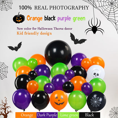 Halloween Party Decorations with Orange Black Green Purple Garland Balloon arch & Spider Web Bat Ghost Pumpkin Stripes Foil Balloons for one spooky dude 1st Horror Night Birthday Supplies