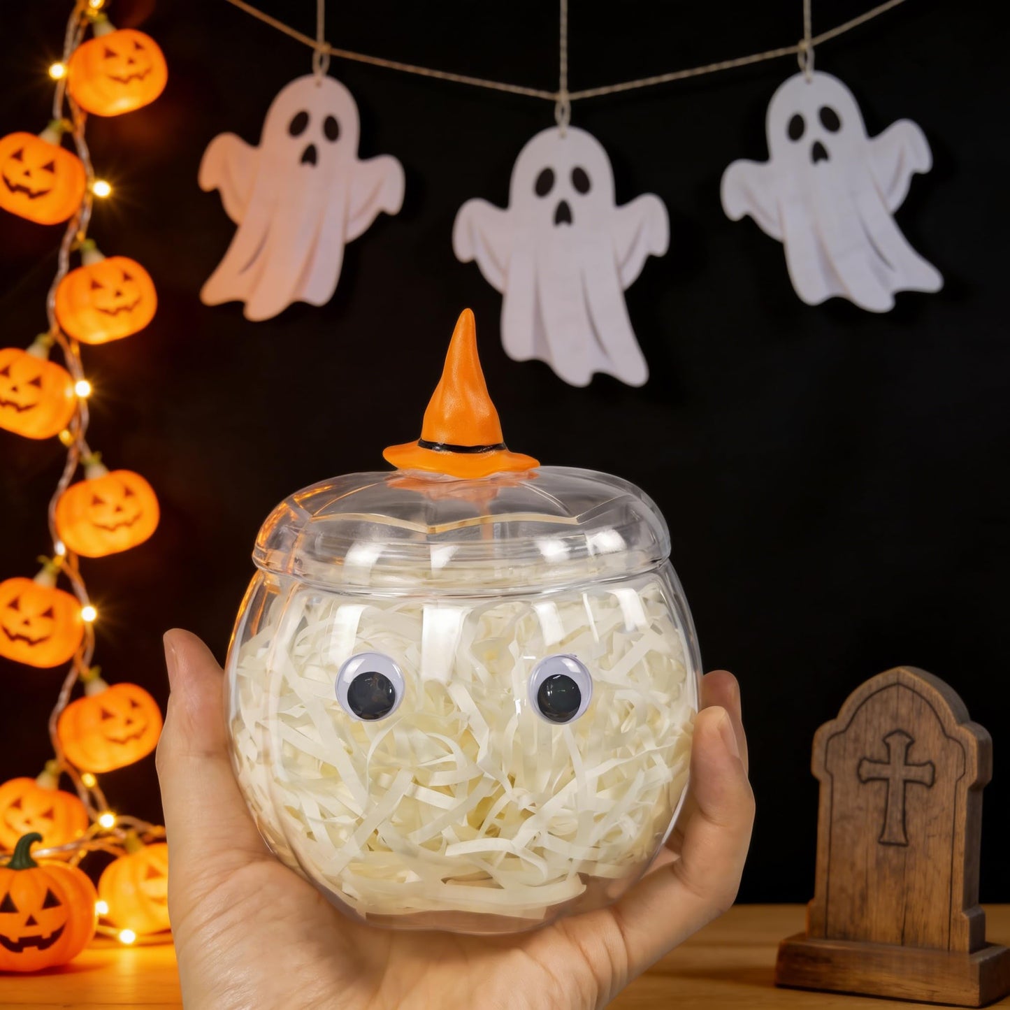 HANZE Large Pumpkin Container, Pumpkin Shaped Candy Toy Jar, Back To School, Teacher Appreciation Gift, Party Ornaments, Halloween, Thanksgiving，Christmas Decor Box - Clear + Orange