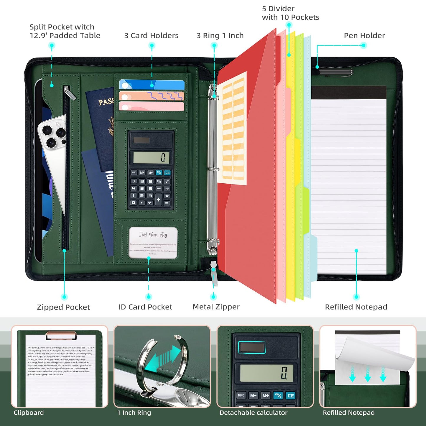 Ospelelf Green Clipboard with Storage 3 Binder Leather Portfolio Folder with Zipper, 12.1” Tablet Sleeve, 5 Dividers with Pocket, Refillable Notepad, Card Slot