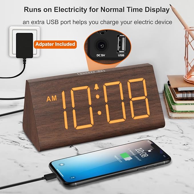 DreamSky Wooden Digital Alarm Clock for Bedrooms with Large Numbers | Electric Desk Clock, USB Port, Loud Alarm for Heavy Sleepers, Adjustable Volume, Dimmer, DST, Wood Décor Gifts, Plug in Clock