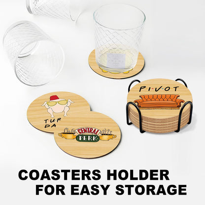 6 PCS Friends Cork Coasters for Drinks, Friends TV Show Merchandise, Funny Wooden Coasters for Drinks with Coaster Holder Home Kitchen Decor, Friend Themed Gifts for Fans
