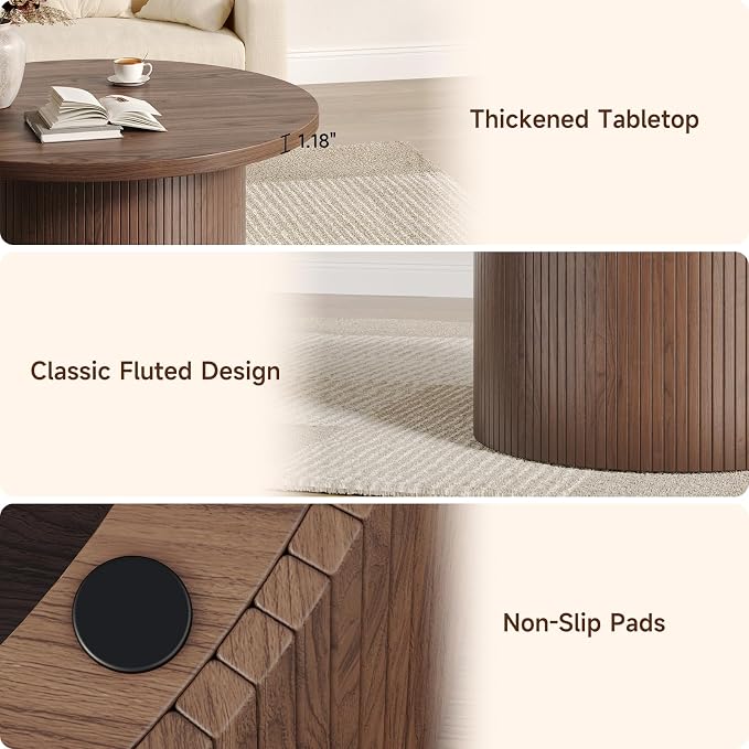 31.5" Round Coffee Table, Mid Century Modern Fluted Tambour Coffee Table, Engineered Wood Small Circle Center Table, Drum Accent Modern Living Room Table, Walnut