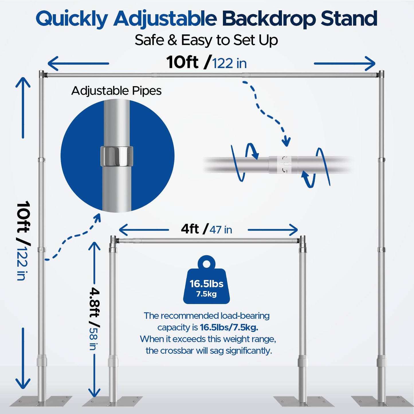 Qoolfoto Pipe and Drape Backdrop Stand, 10x10ft Heavy Duty Adjustable Backdrop Frame with Metal Base, Background Holder for Parties Photography Wedding Photoshoot Decoration