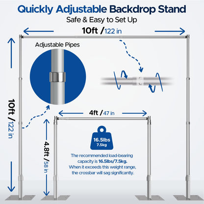 Qoolfoto Pipe and Drape Backdrop Stand, 10x10ft Heavy Duty Adjustable Backdrop Frame with Metal Base, Background Holder for Parties Photography Wedding Photoshoot Decoration
