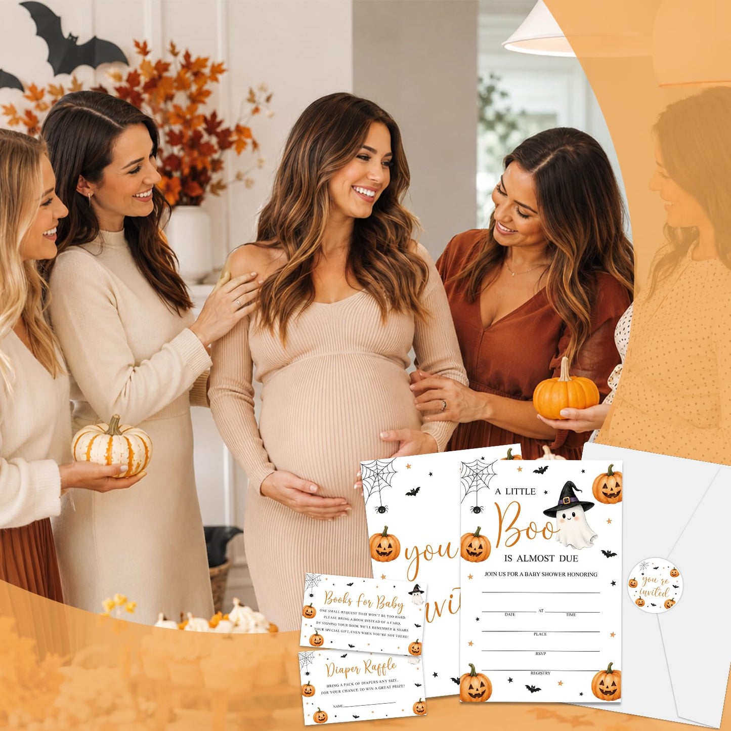 Halloween Baby Shower Invitations, A Little Boo Is Almost Due Ghost Pumpkin Baby Shower Invites, 25 Invitation with Envelopes, Book Request Cards, Diaper Raffle Tickets and Round Stickers -W03