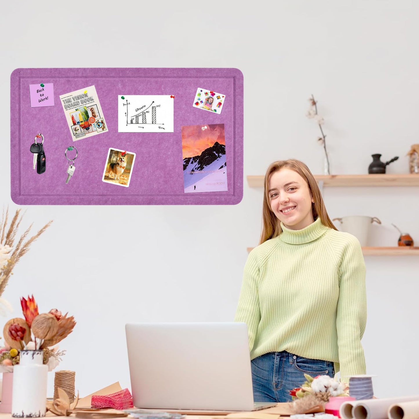Vuzvuv Violet Purple 28"x16" Large Cork Board with 50 Push Pins for Valentine's Day, Self-Adhesive Bulletin Board for Wall, Felt Pin Vision Board for Paste Notes,Schedules Offices Home