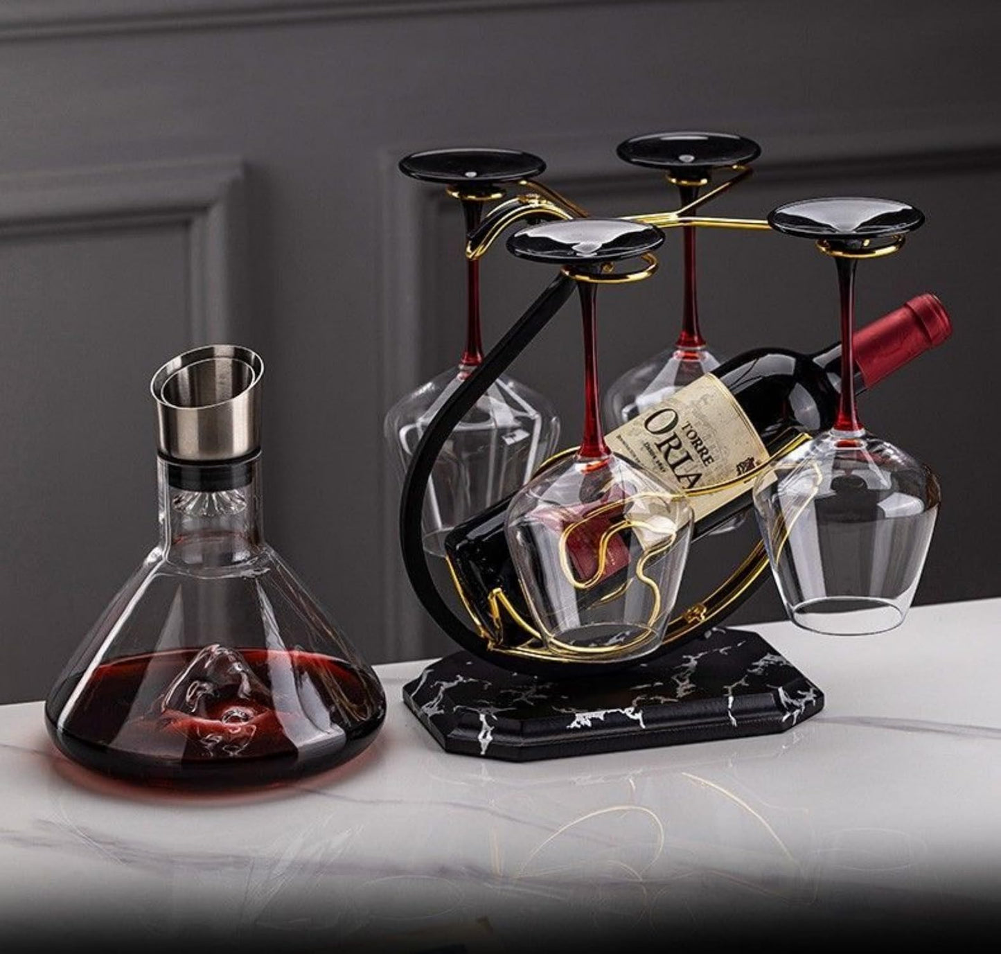 Homya Wine Glass Holder Home Tabletop Wine Glass Holder Vertical Wine Glass Display Rack Inverted Wine Bottle Holder 1 Bottles 4 Wine Glasses High-end Wine Rack