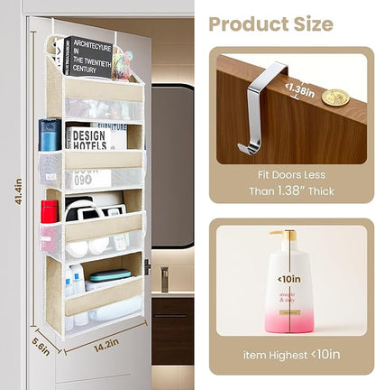Over the Door Organizer with 4 Side Mesh Pockets, 4 Shelf Capacity Hanging Behind the Door Kitchen Organizers and Storage Suitable for Storing Toys, Shoes, Towels, Lvoy White, 4 Shelf