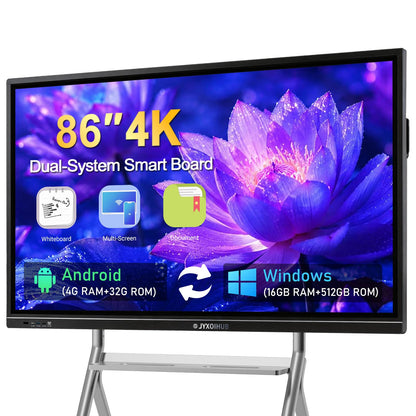 Interactive Whiteboard, 86inch Smart Board with 4K UHD Touch Screen Flat Panel, All in One Digital Electronic Whiteboard Built in Dual System for Conference