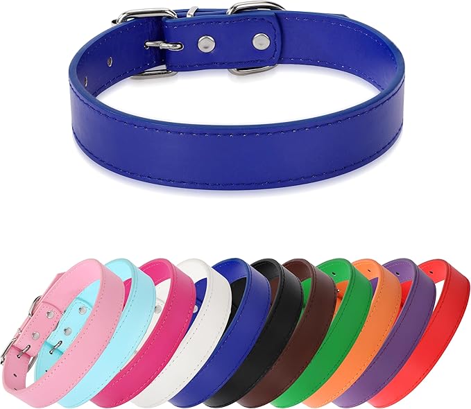 Deep Blue Soft Leather Dog Collar for Small,Medium, Large Dog, Comfortable and Adjustable (Wide: 0.75'' for Dog's Neck: 10''~14'', Deep Blue, M)