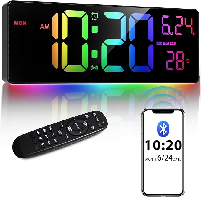16" Bluetooth Large Digital Wall Clock/Auto Time Sync, 10 RGB Colors Digital Clock Large Display with Remote, Auto-Dimming/DST, Calendar, Timer, Alarm, 6 Night Lights Big Clock for Decor