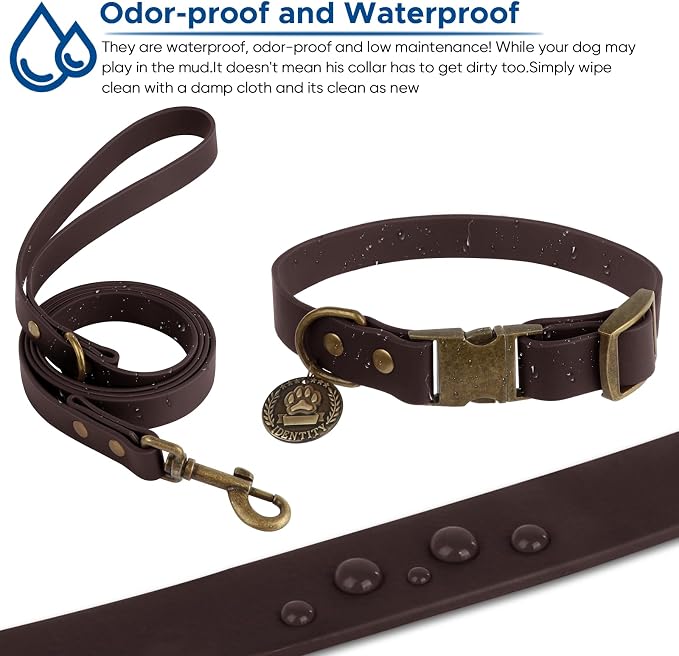 Wisedog Waterproof Dog Collar and Leash Set, XL, Brown | Adjustable Puppy Collar, Cute Tag, 6FT Dog Leash, Poop Bag Included, Small Medium Large Dogs