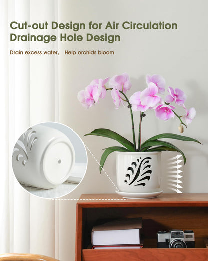 Fayoula Ceramic Orchid Pot, 6 Inch Orchid Pots with Holes and Saucer for Indoor/Outdoor Plants Drainage & Air Circulation, White Orchid Planter for Repotting or New Plants