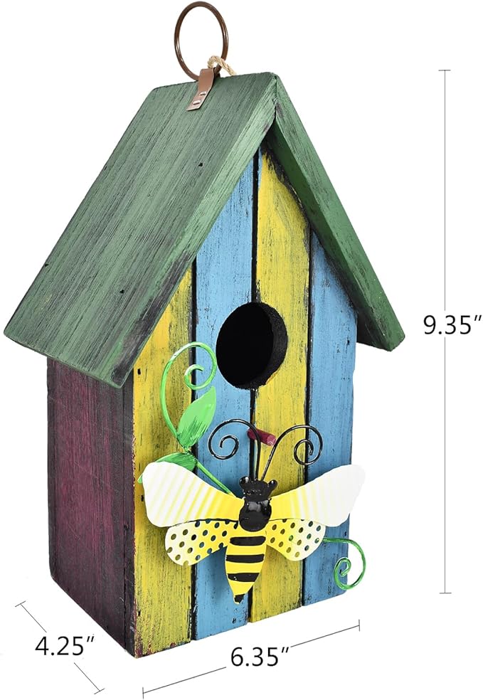 Wood Bird Houses for Outside, Hanging Bluebird House Nest Box Garden Patio Outdoor Decorative Bird Houses Vintage Rustic Wooden Birdhouse Bird Box Home for Finch Wren Chickadee Cardinals(Bee)