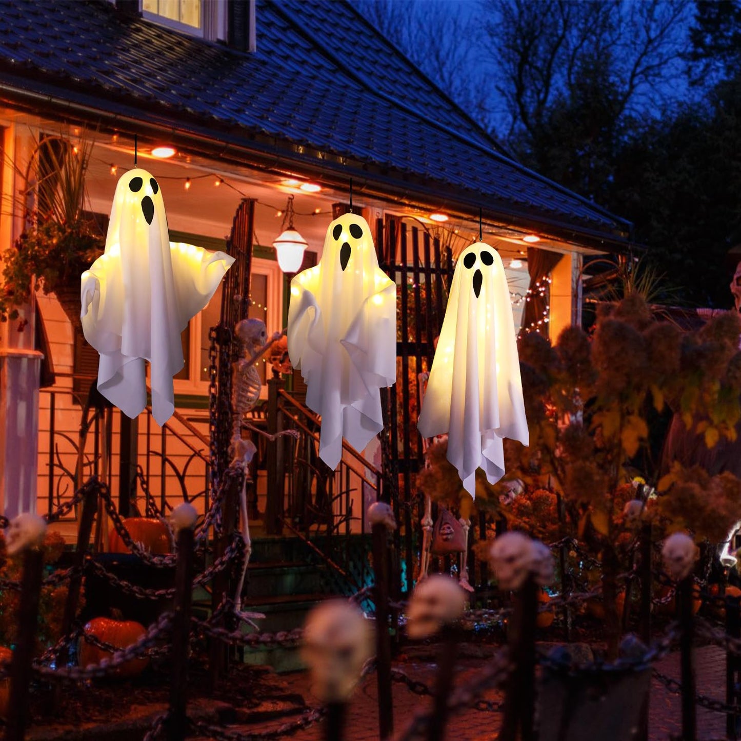3PCS Halloween Hanging Light up Ghost with Spooky Warm White LED Light, Hanging Ghosts Light Up Kit, Ghost Halloween Decorations Outdoor for Front Yard Patio Lawn Garden Party Decor Indoor Outdoor