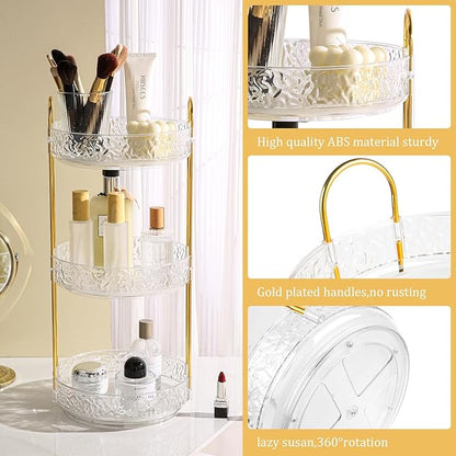 Fangoo 3 Tiers Clear Rotating Makeup Organizer for Vanity, 360 Spinning Skincare Organizers for Dresser Perfume Holder Large Skincare Make Up Storage Cosmetic Organizer for Bathroom Countertop