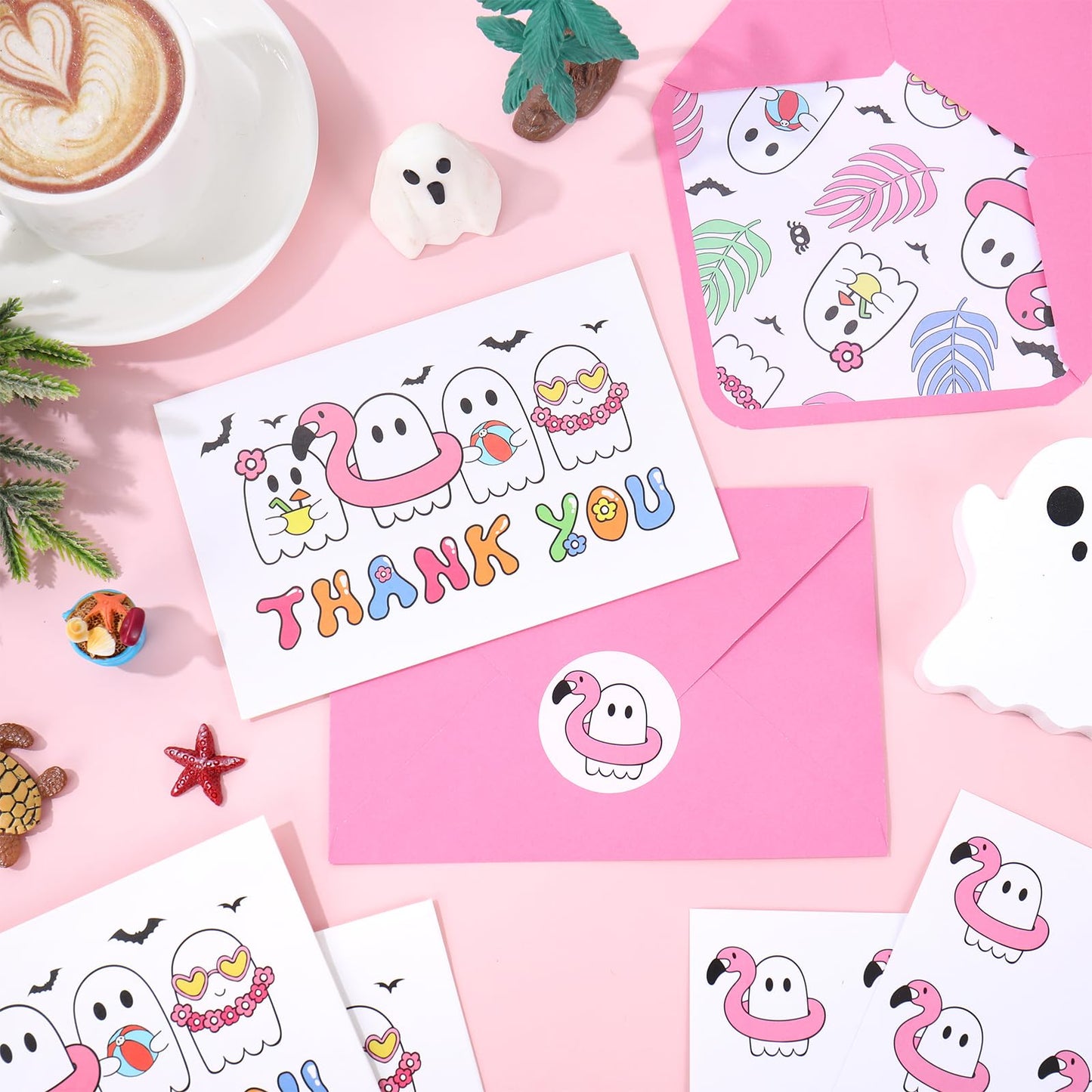 Whaline 24Pcs Summerween Thank You Cards with Envelopes Stickers Blank Greeting Cards Ghost Bat Swimming Ring Note Card for Summer Poor Party Supplies