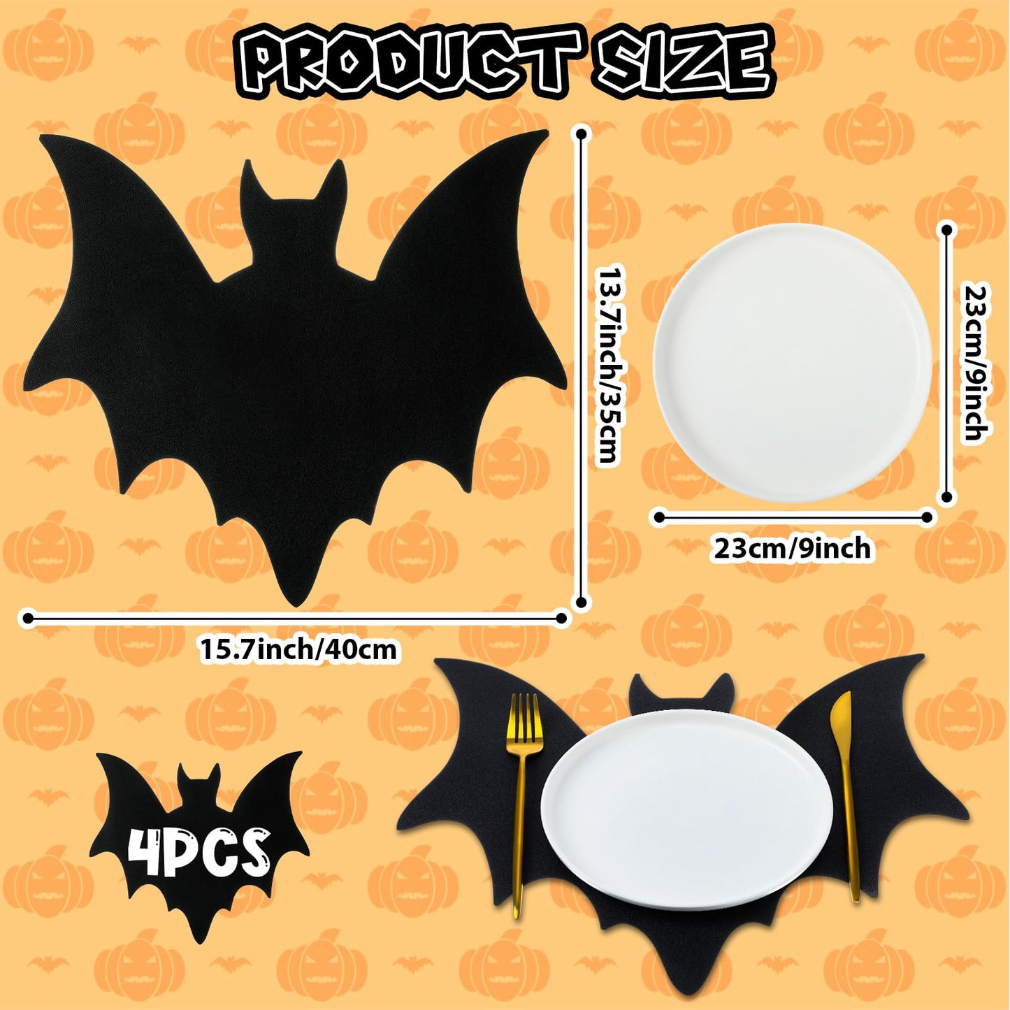Remerry 4pcs Leather Halloween Bat Shape Placemats Washable Bat Place Mats Set of 4 Black Gothic Table Mats Table Decoration for Indoor Outdoor Party Resistant Kitchen Kitchen Dining Gift