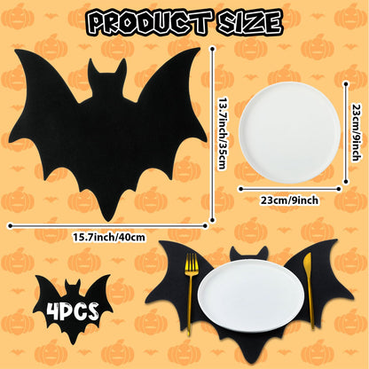 Remerry 4pcs Leather Halloween Bat Shape Placemats Washable Bat Place Mats Set of 4 Black Gothic Table Mats Table Decoration for Indoor Outdoor Party Resistant Kitchen Kitchen Dining Gift