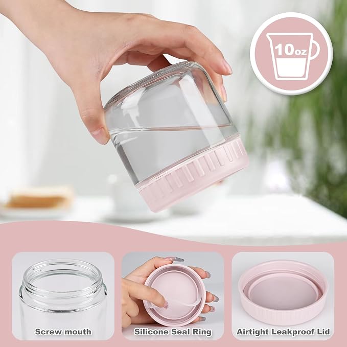 SHOWIN Overnight Oats Containers with Lids, 10oz Glass Jars with Lids 8 pcs, Pink, Wide Mouth Mason jars for Salad, Yogurt, Snacks, Meal Prep