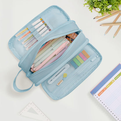 SUNEE Large Capacity Pencil Case with 3 Compartment, Extra Big Pencil Pouch, Pencil Bag with Zipper, Cute High Stationery Organizer, Oxford Pen Box School Supplies for Student Teen Girls Boys, Blue