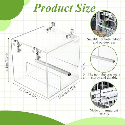 No Mess Bird Feeder for Cage Acrylic, Large Bird Cage Pet Feeder Seed Food Container, for Parakeet Canary Parrot Cockatiels Cockatiels Lorikeet Lovebirds, 6.2 x 6.2 x 6.3 inch