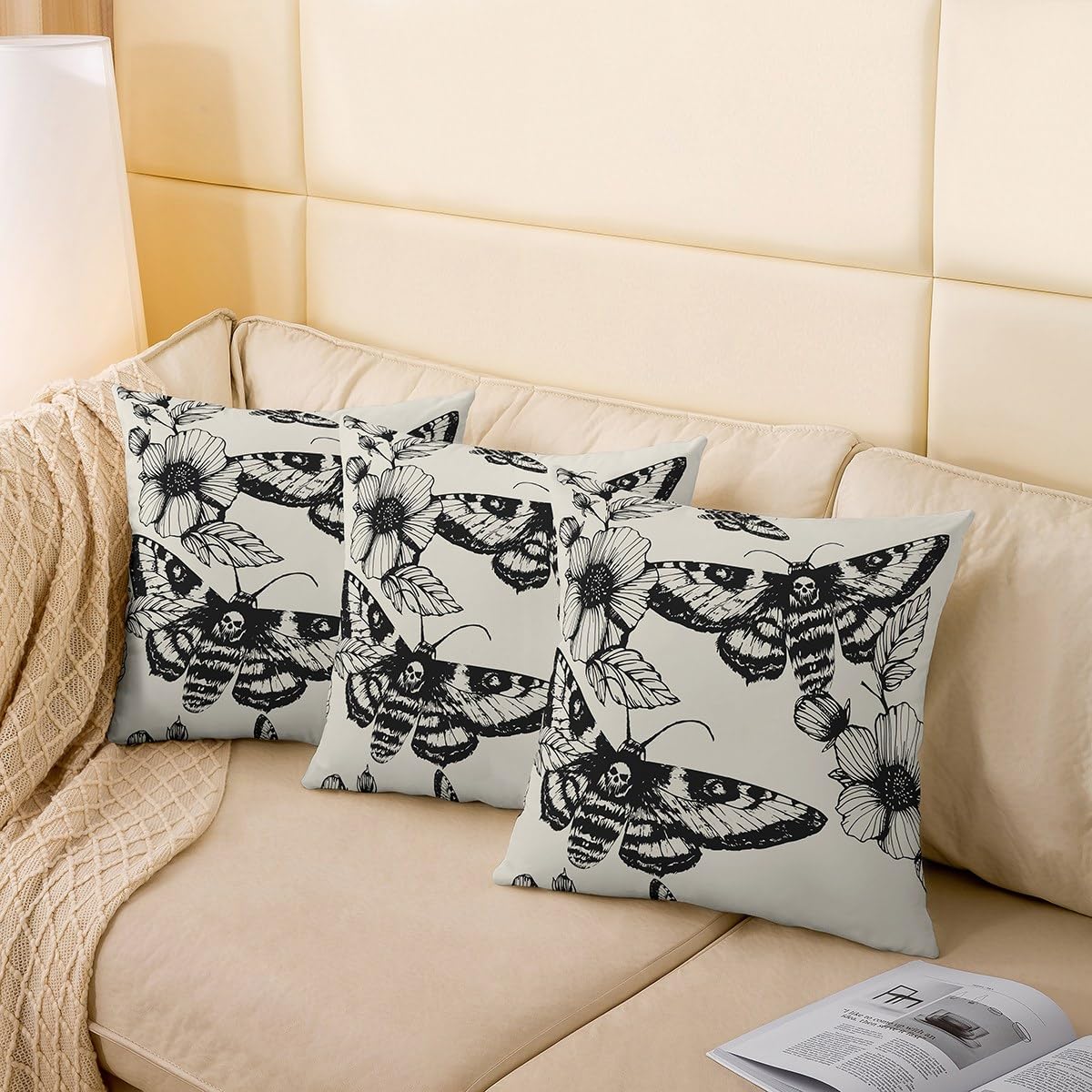 Feelyou Death Moth Boho Square Cushion Covers Set of 2 Skull Decor Reversible Outdoor Throw Pillow Covers Cases for Halloween Decorations Throw Pillowcases for Sofa Couch Chair Decor 24 x 24-Inch