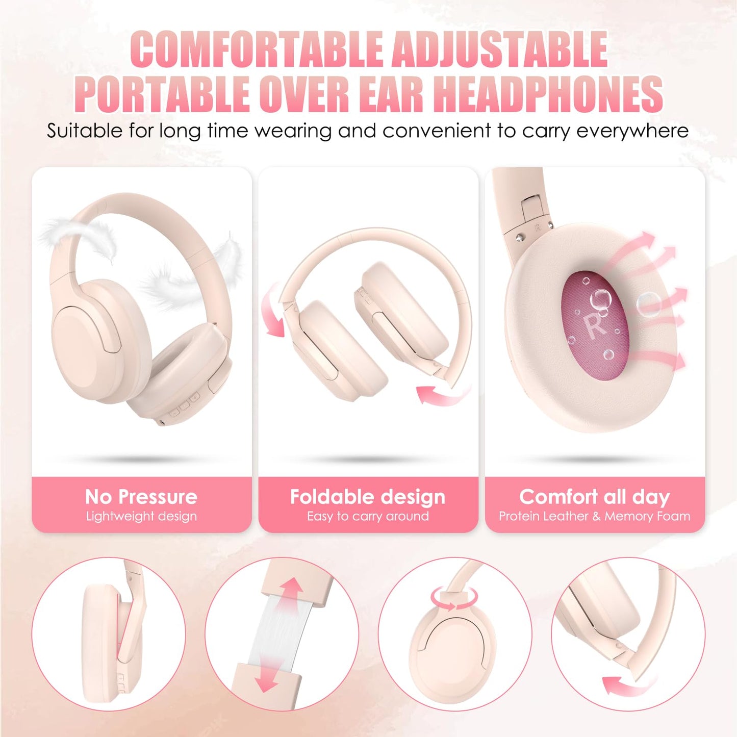 TANKASE Active Noise Cancelling Headphones, Wireless Over Ear Bluetooth Headphones,100H Play Time Bluetooth Headphone with Microphone,Lightweight and Foldable Comfortable Deep Bass for Work/Gym Pink