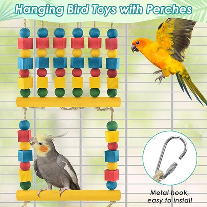 DBNESS Bird Toys, Parrot Chew Swing Toy with Perches Stand, Hanging Colorful Wood Block Bird Cage Accessories for Small to Medium Quaker African Grey Budgie Cockatiels Amazon Parrots