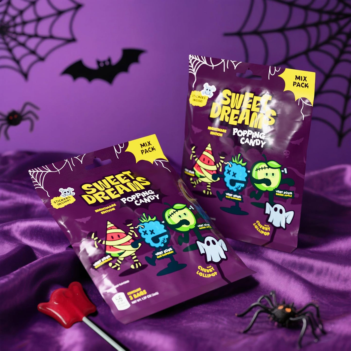 Sweet Dreams Popping Candy | Spooky Ghost Shaped Lollipop with Very Sour Dip Pouches, and Stickers | Display Pack, 12 Bags (3 pouches in each)- 36 Total Pouches