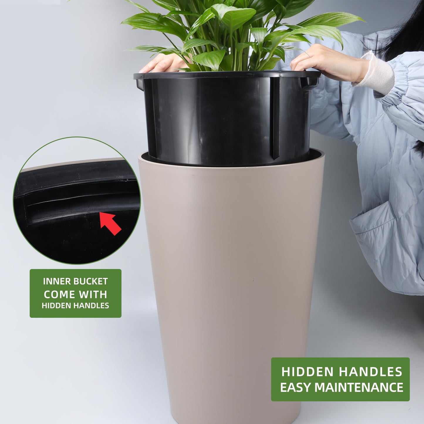 Dexceder 16x12 Tall Self Watering Planter High Cylinder Indoor Outdoor, Thickened Large Floor Standing Flower Plant Pot with Water Level Indicator (Taupe Matte)