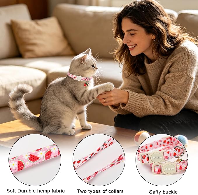 2 Pack Pink Cat Collars - Spring Summer Breakaway Cat Collar with Bell, Adjustable Cute Pink Plaid Kitten Collars for Girl Cats, 7-12 Inch