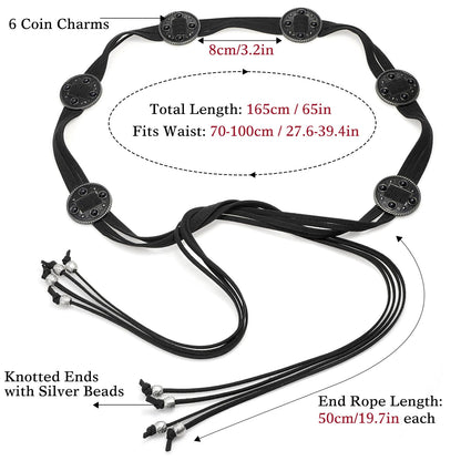 Buywis Women Knotted Waist Belt Bohemian Style Tassel Belt Vintage PU Leather Belts for Dresses Black Fit Waist 27.6"-39.4"