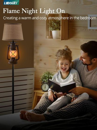 LEDIARY LED Flashing Flame Night Lantern Floor Lamp, Beige Linen Shade, Rustic Design, Bronze Brown & Black, Model LDD