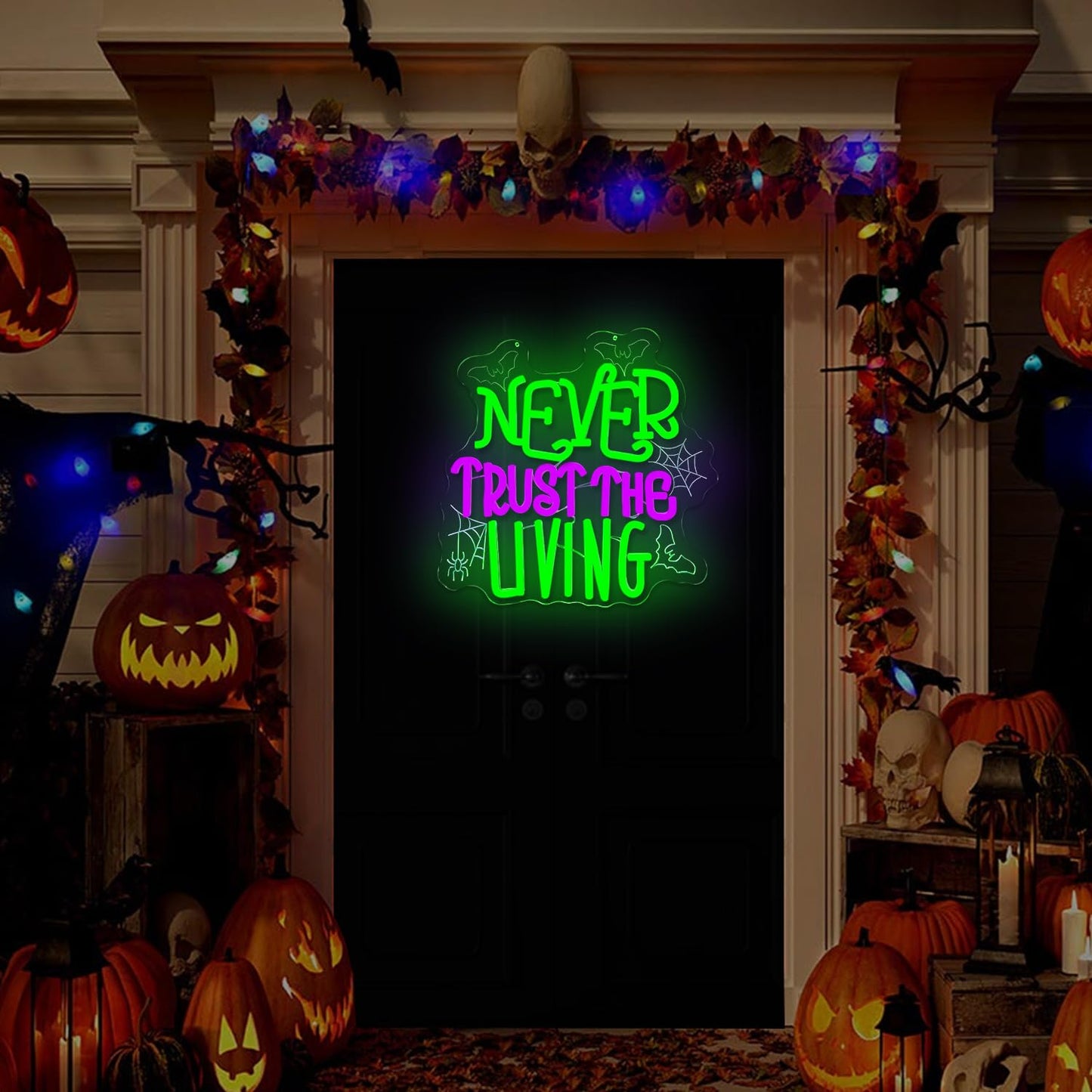Ajoyferris Never Trust The Living Neon Sign Halloween Neon Signs for Wall Decor Dimmable Tombstone Led Sign Gothic Haunted House Neon Lights for Windows Halloween Party Decor