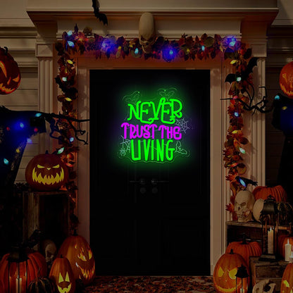 Ajoyferris Never Trust The Living Neon Sign Halloween Neon Signs for Wall Decor Dimmable Tombstone Led Sign Gothic Haunted House Neon Lights for Windows Halloween Party Decor