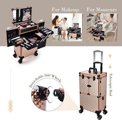 Professional Makeup Artist Rolling Train Case Multi-functional Cosmetic Train Case Large Trolley Storage Case for Nail Technicians Cosmetology Case for Hairstylist Rose Gold