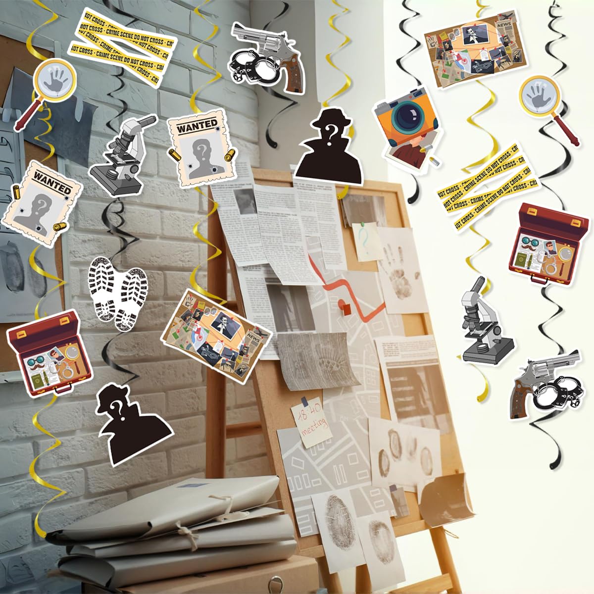 30PCS Detective Murder Hanging Swirls Mystery Detective Party Decorations Crime Scene Ceiling Swirls Murder Dinner Evidence Marks Party Supplies