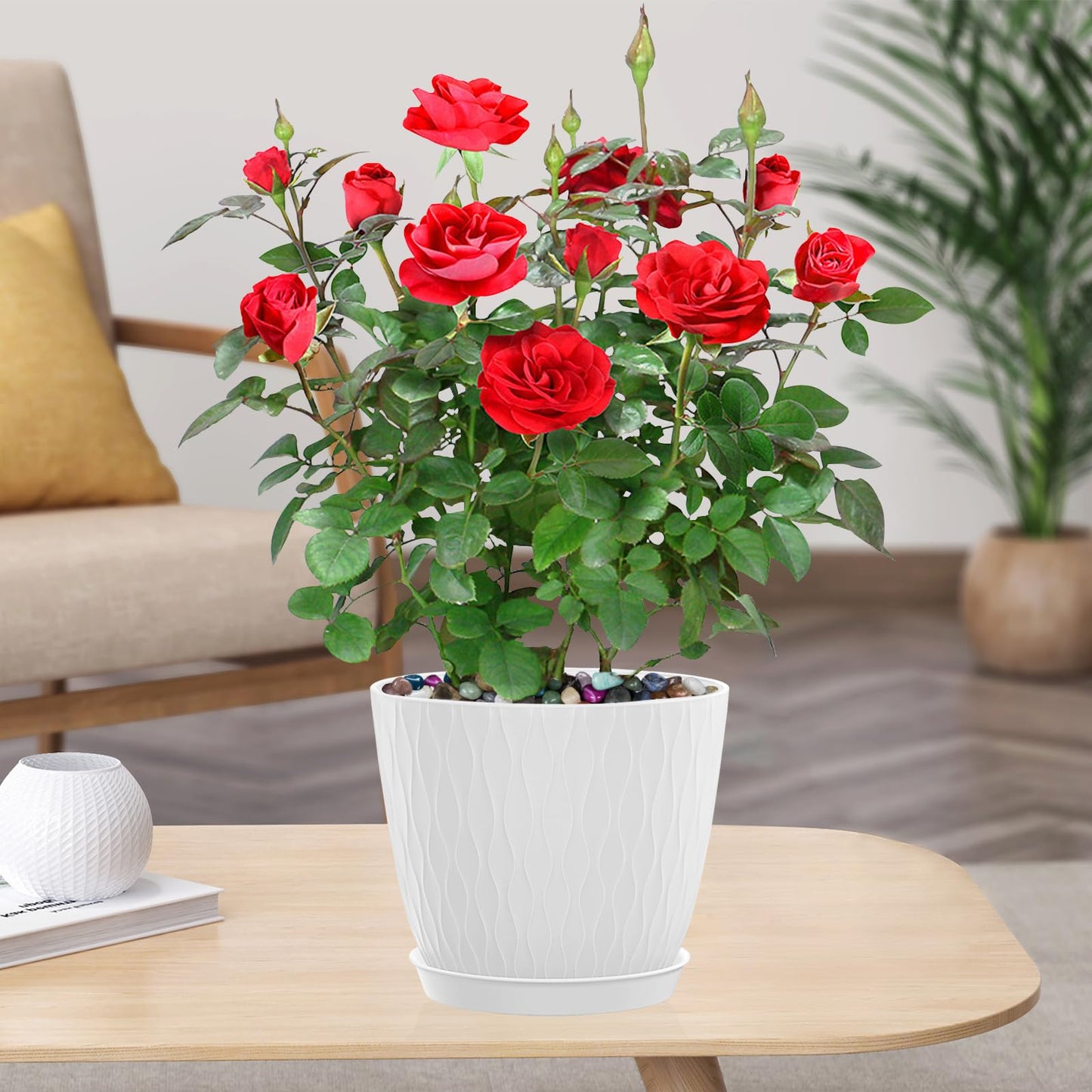 KAHEAUM 5 Pack 6 inch Planters for Outdoor Plants Indoor Plant Pots with Drainage Holes and Saucers, Modern Plastic Flower Pots for Plants Succulent Holiday Office House Home Decor Garden Pots White