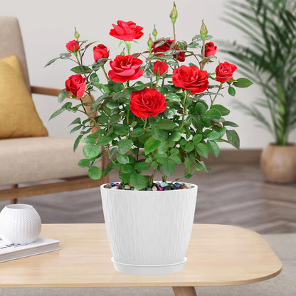 KAHEAUM 5 Pack 6 inch Planters for Outdoor Plants Indoor Plant Pots with Drainage Holes and Saucers, Modern Plastic Flower Pots for Plants Succulent Holiday Office House Home Decor Garden Pots White