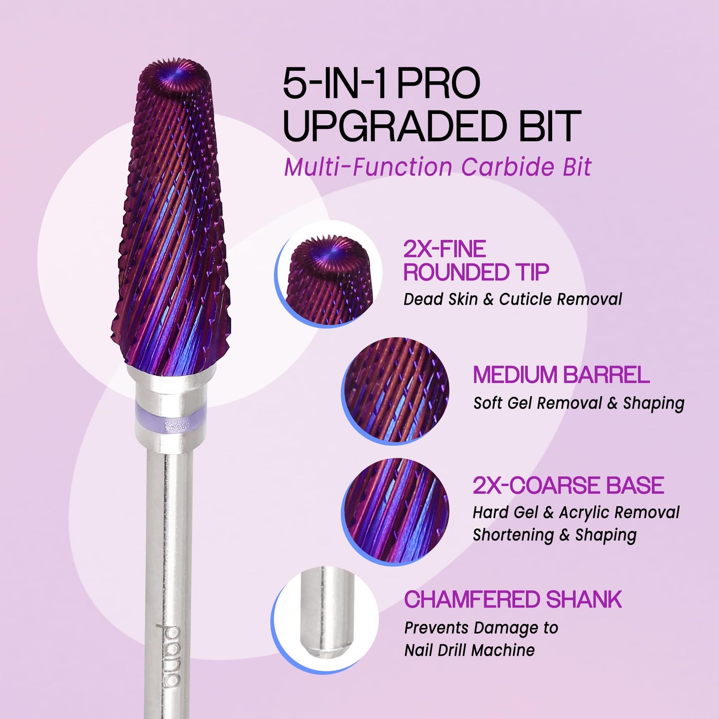 PANA Nail Carbide 5 in 1 Bit - Two Way Rotate use for Both Left and Right Handed - Fast Remove Acrylic or Hard Gel - 3/32" Shank - Manicure, Nail Art, Drill Machine (Fine - F, Silver)