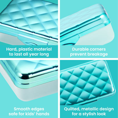 It's Academic Metallic Pencil Case Box, Hard Plastic, Stylish Quilted-Pattern Lid, Blue
