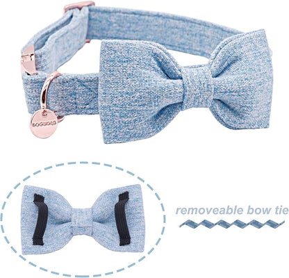 DOGWONG Hemp Cotton Dog Collar with Bow, Blue Pet Collar Durable Adjustable Puppy Collar for Large Dogs
