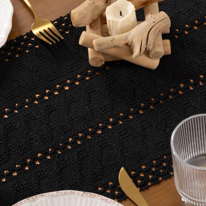 DeZerlor Boho Macrame Table Runner Spring Easter Farmhouse Woven Table Runner with Tassels 90 Inches Halloween Black Cotton Linen Kitchen Table Decor for Dining Dresser Home Tea Table Decor